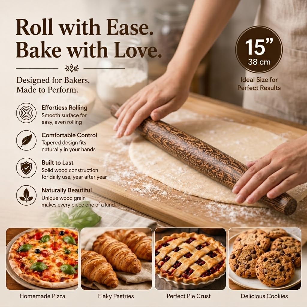 10.6 Inch Straight Rolling Pin – Smooth & Balanced Cute Wooden Dough Roller for Baking and Pastry
