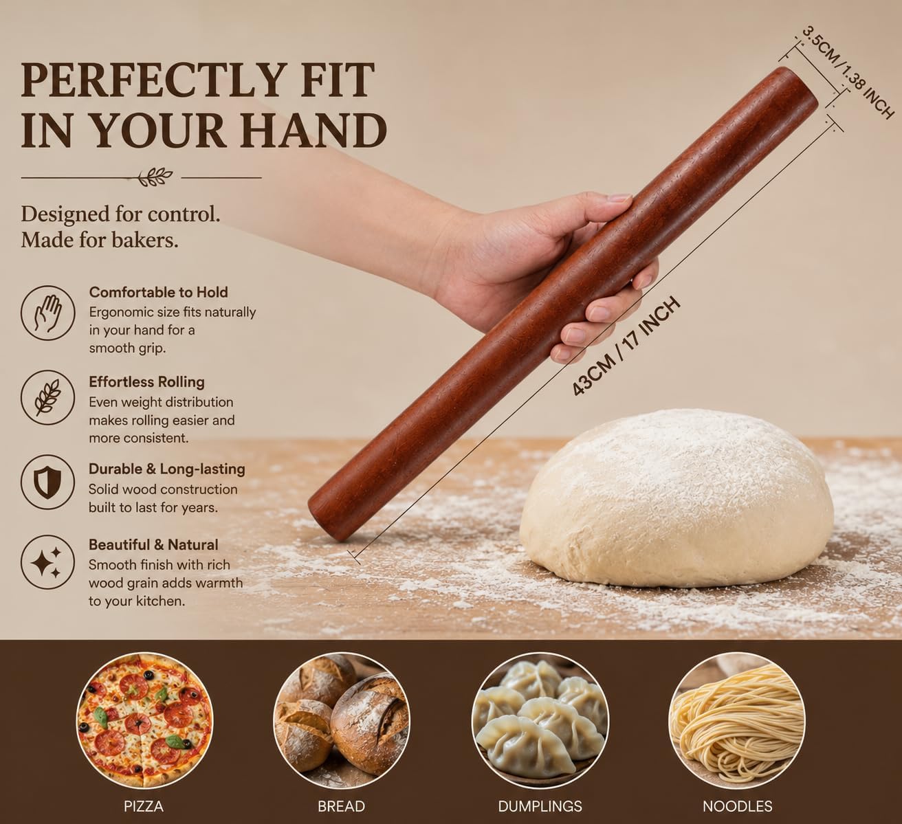 10.6 Inch Straight Rolling Pin – Smooth & Balanced Cute Wooden Dough Roller for Baking and Pastry