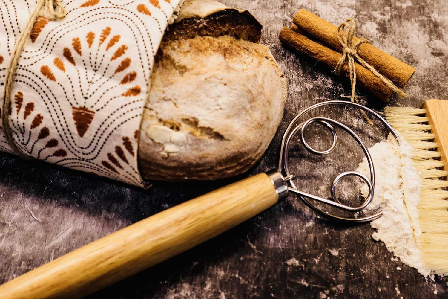 13.5" Original Danish Dough Whisk/Dutch Whisk and Baker's Bench/Counter Brush-Bakers Bread Kit Bundle-Hand Mixer/Blender for Cake Bread Pizza and Pastry Making, Stainless steel