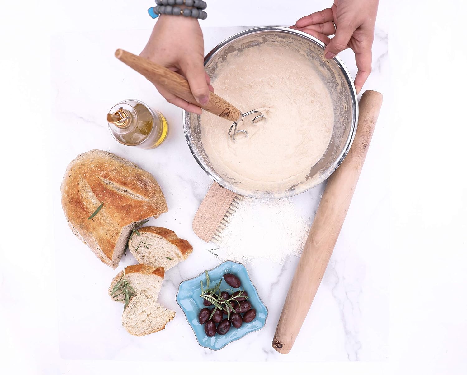 13.5" Original Danish Dough Whisk/Dutch Whisk and Baker's Bench/Counter Brush-Bakers Bread Kit Bundle-Hand Mixer/Blender for Cake Bread Pizza and Pastry Making, Stainless steel