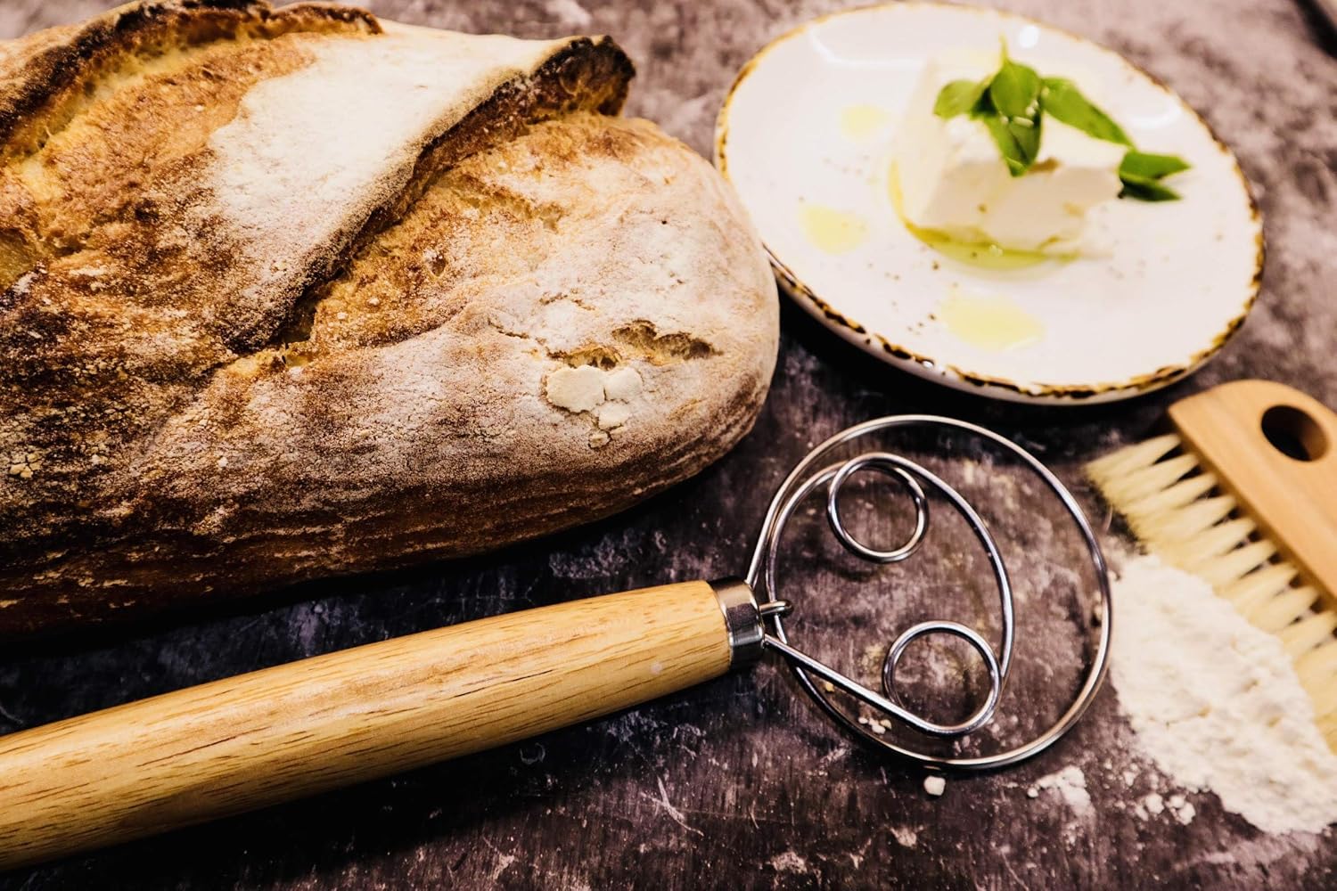 13.5" Original Danish Dough Whisk/Dutch Whisk and Baker's Bench/Counter Brush-Bakers Bread Kit Bundle-Hand Mixer/Blender for Cake Bread Pizza and Pastry Making, Stainless steel