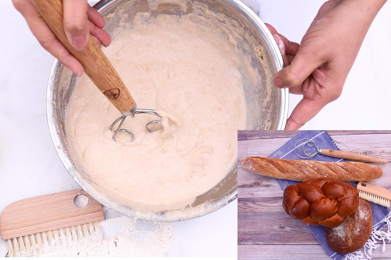 13.5" Original Danish Dough Whisk/Dutch Whisk and Baker's Bench/Counter Brush-Bakers Bread Kit Bundle-Hand Mixer/Blender for Cake Bread Pizza and Pastry Making, Stainless steel