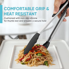 12-Inch Kitchen Tongs for Cooking with Silicone Tip,Black | 600℉ Heat-Resistant,Stainless Steel Locking Cooking Tongs Food Tongs for BBQ/Cooking/Salad/Serving Food,Heavy Duty,Non-Stick