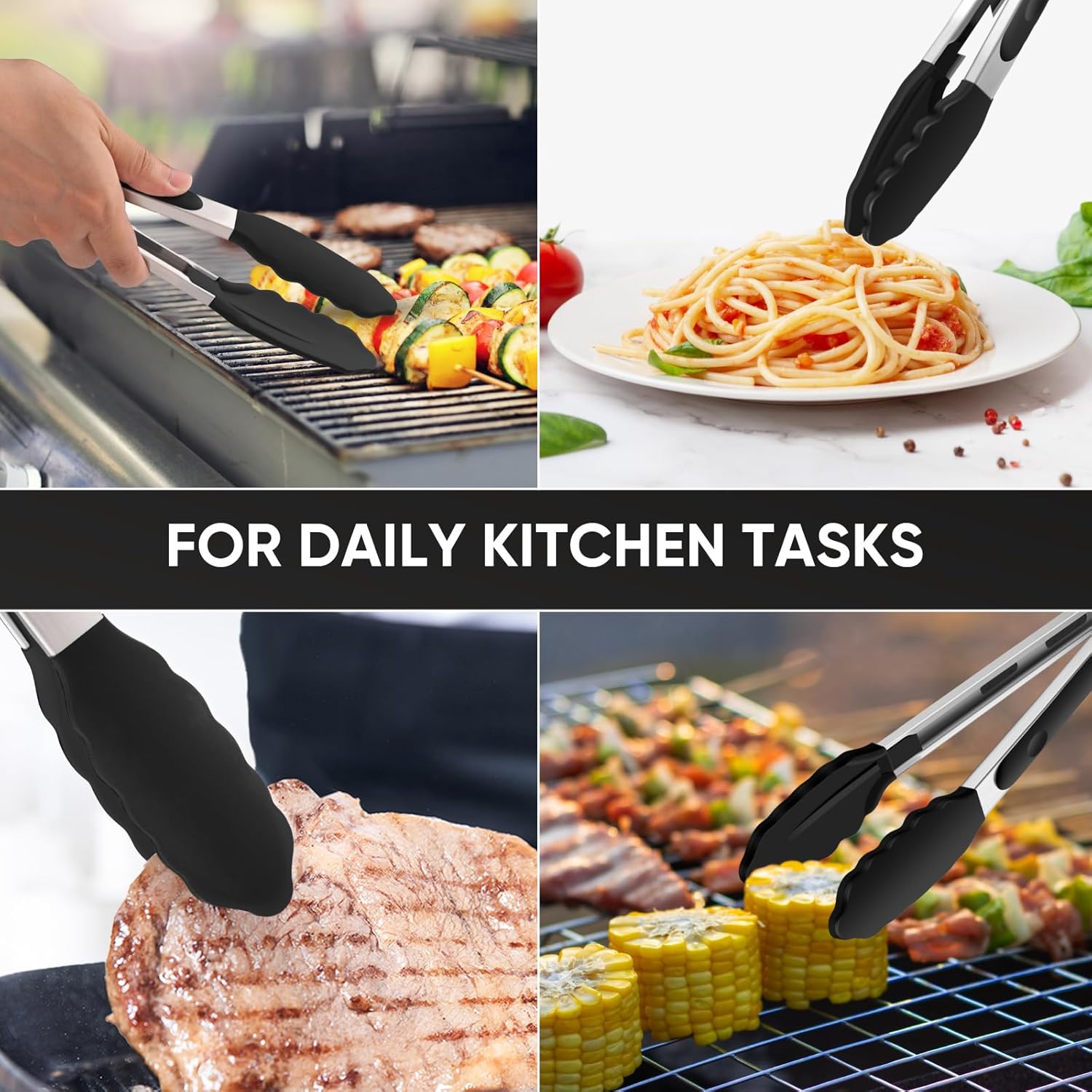 12-Inch Kitchen Tongs for Cooking with Silicone Tip,Black | 600℉ Heat-Resistant,Stainless Steel Locking Cooking Tongs Food Tongs for BBQ/Cooking/Salad/Serving Food,Heavy Duty,Non-Stick