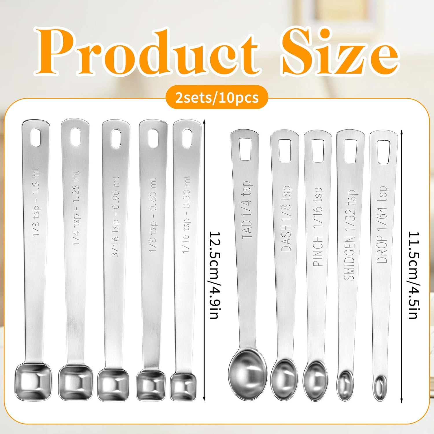 10 PCS Stainless Steel Teaspoon, Mini Measuring Spoons Set, for Small Dry & Liquid Ingredients, 1/3, 1/4, 1/8, 1/16, 3/16 tsp with Keyring for Cooking and Baking (Square, Round)