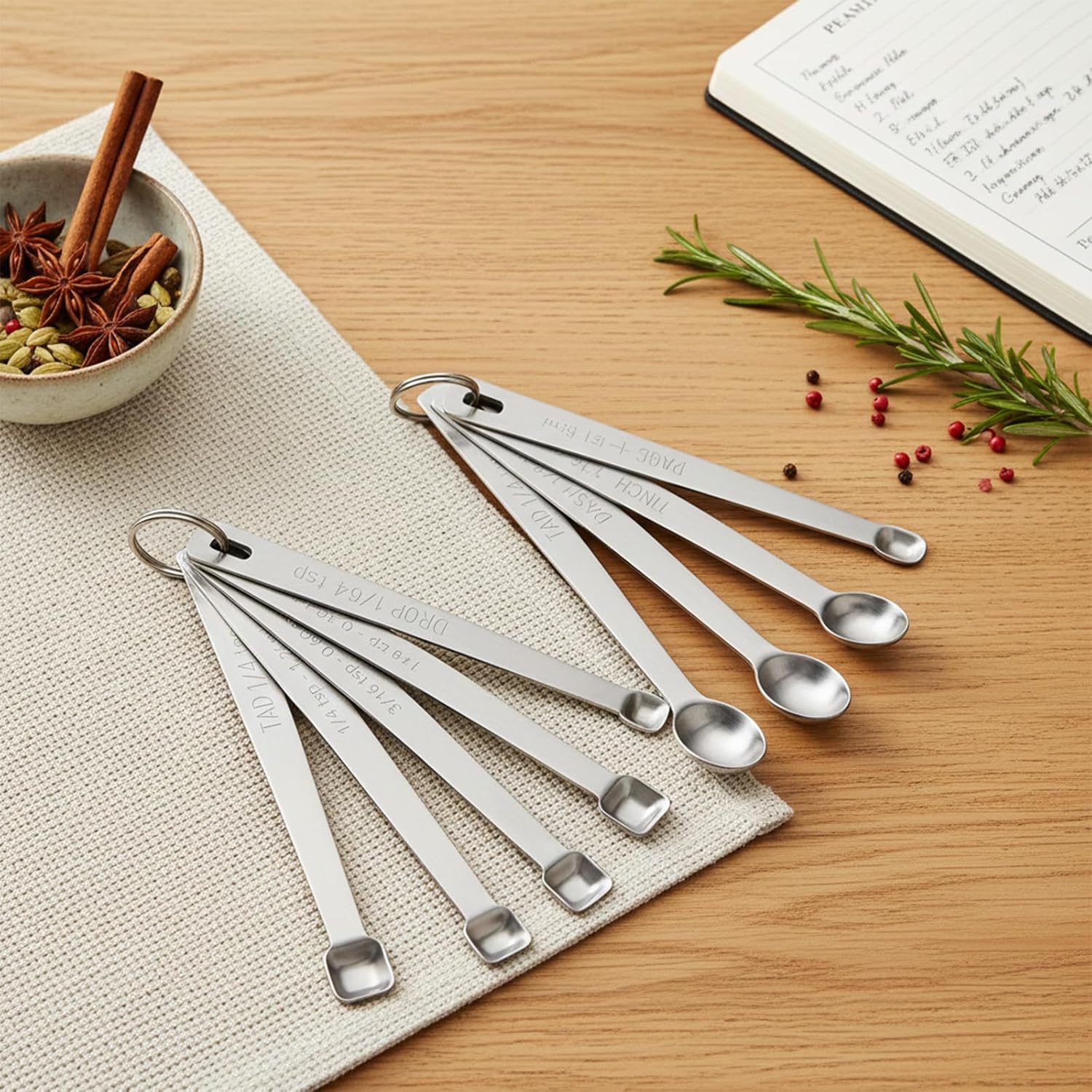 10 PCS Stainless Steel Teaspoon, Mini Measuring Spoons Set, for Small Dry & Liquid Ingredients, 1/3, 1/4, 1/8, 1/16, 3/16 tsp with Keyring for Cooking and Baking (Square, Round)