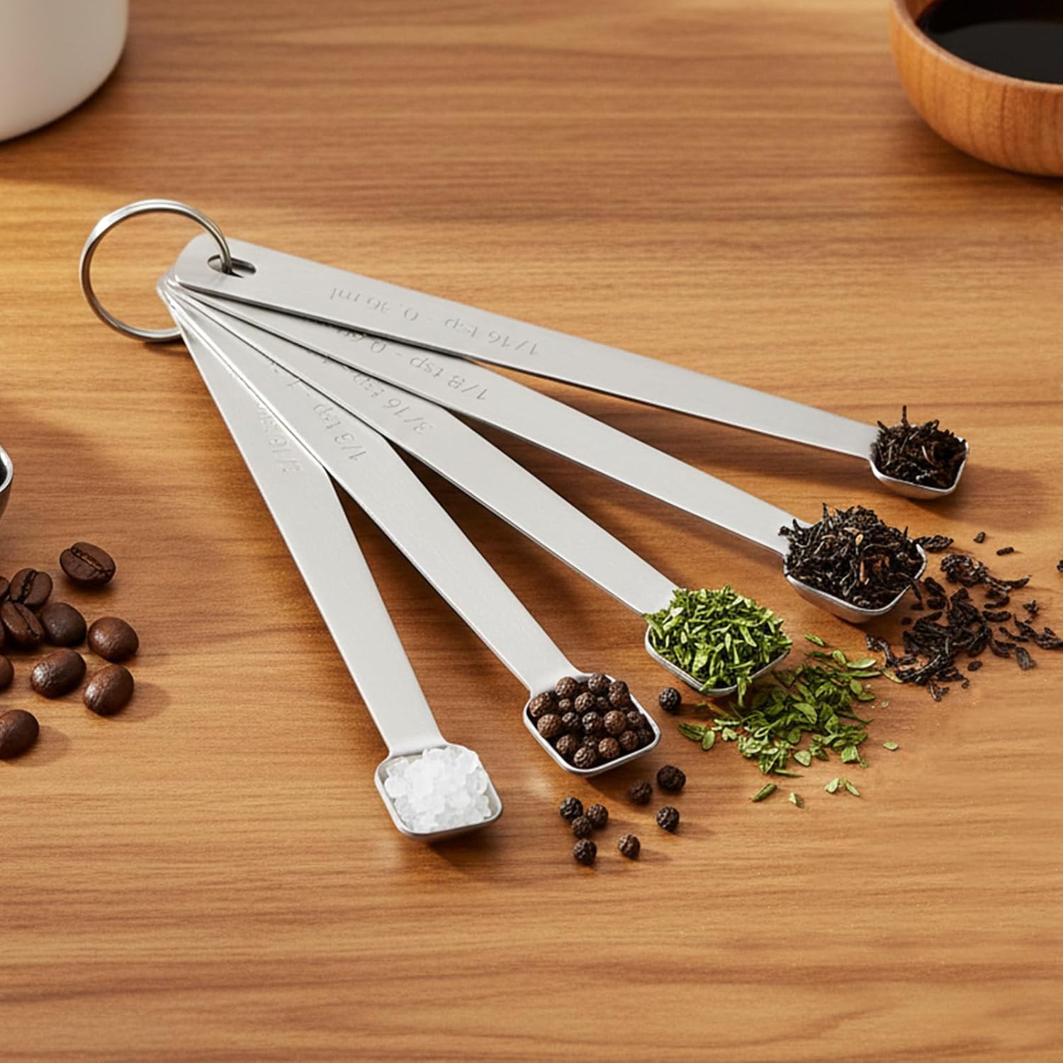10 PCS Stainless Steel Teaspoon, Mini Measuring Spoons Set, for Small Dry & Liquid Ingredients, 1/3, 1/4, 1/8, 1/16, 3/16 tsp with Keyring for Cooking and Baking (Square, Round)