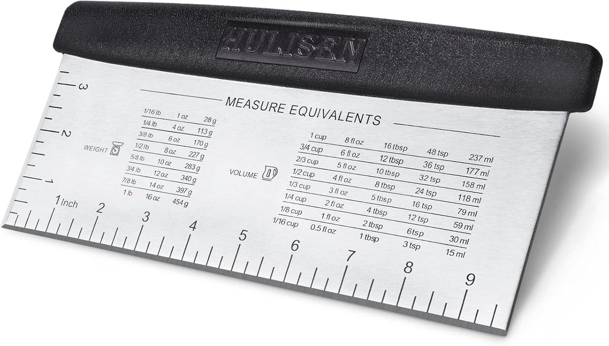 10-Inch Bench Scraper, Stainless Steel Dough Cutter with Scale | Dishwasher Safe, Comfort Grip Handle, Beveled Edge, Conversion Chart, Cake Frosting, Bread Dividing, Pizza Cutting