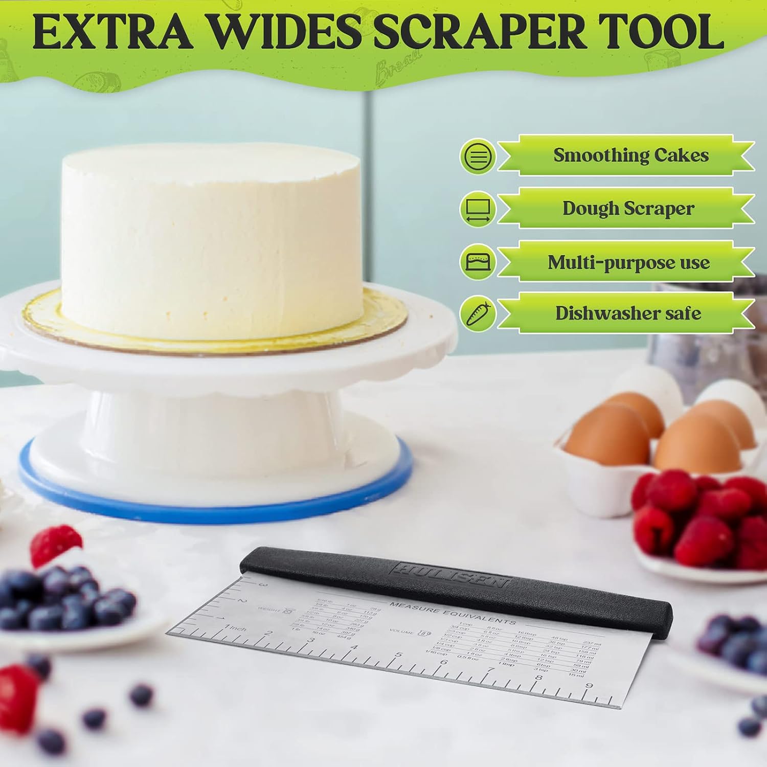 10-Inch Bench Scraper, Stainless Steel Dough Cutter with Scale | Dishwasher Safe, Comfort Grip Handle, Beveled Edge, Conversion Chart, Cake Frosting, Bread Dividing, Pizza Cutting