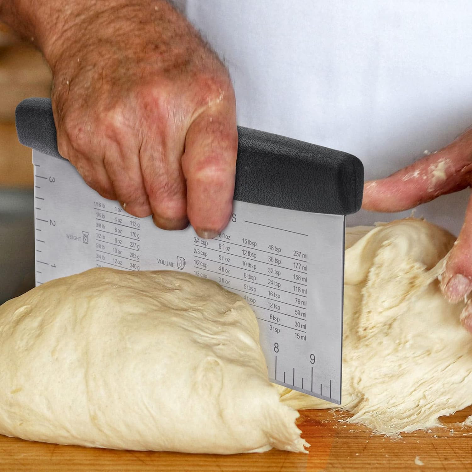 10-Inch Bench Scraper, Stainless Steel Dough Cutter with Scale | Dishwasher Safe, Comfort Grip Handle, Beveled Edge, Conversion Chart, Cake Frosting, Bread Dividing, Pizza Cutting