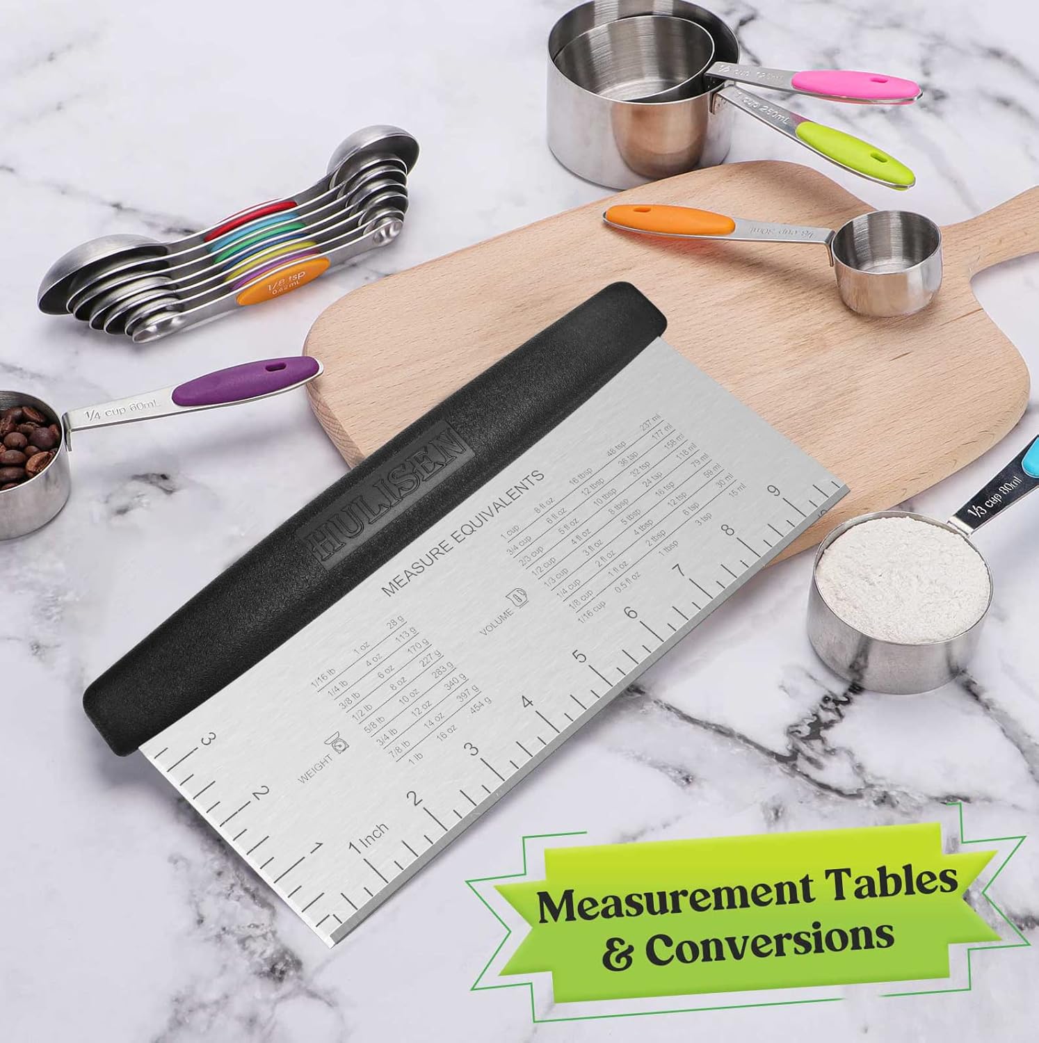 10-Inch Bench Scraper, Stainless Steel Dough Cutter with Scale | Dishwasher Safe, Comfort Grip Handle, Beveled Edge, Conversion Chart, Cake Frosting, Bread Dividing, Pizza Cutting