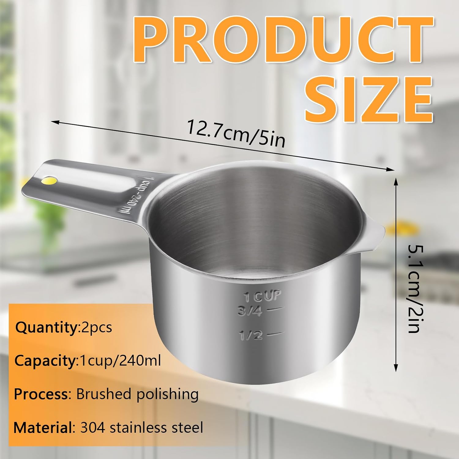 1 Cup 240 ML 8 OZ Stainless Steel Measuring Cups Set, Wet Dry Food Measuring Cups Portion Control, Metal Dog Food Scoop for Cooking Utensils Kitchen Home Baking Essentials (1Pcs)