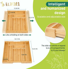 100% Bamboo Expandable Drawer Organizer - Adjustable Utensil and Cutlery Tray for Kitchen, Office, and Bathroom Storage.