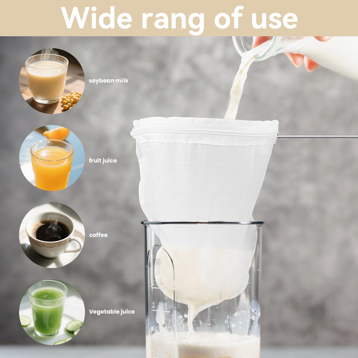 1 Pack Ultra Fine Mesh Strainer Bags, Reusable with Stainless Steel Handle, Filter for Nut Milk, Coffee, Juice, Cheese, Honey, and More (Large)