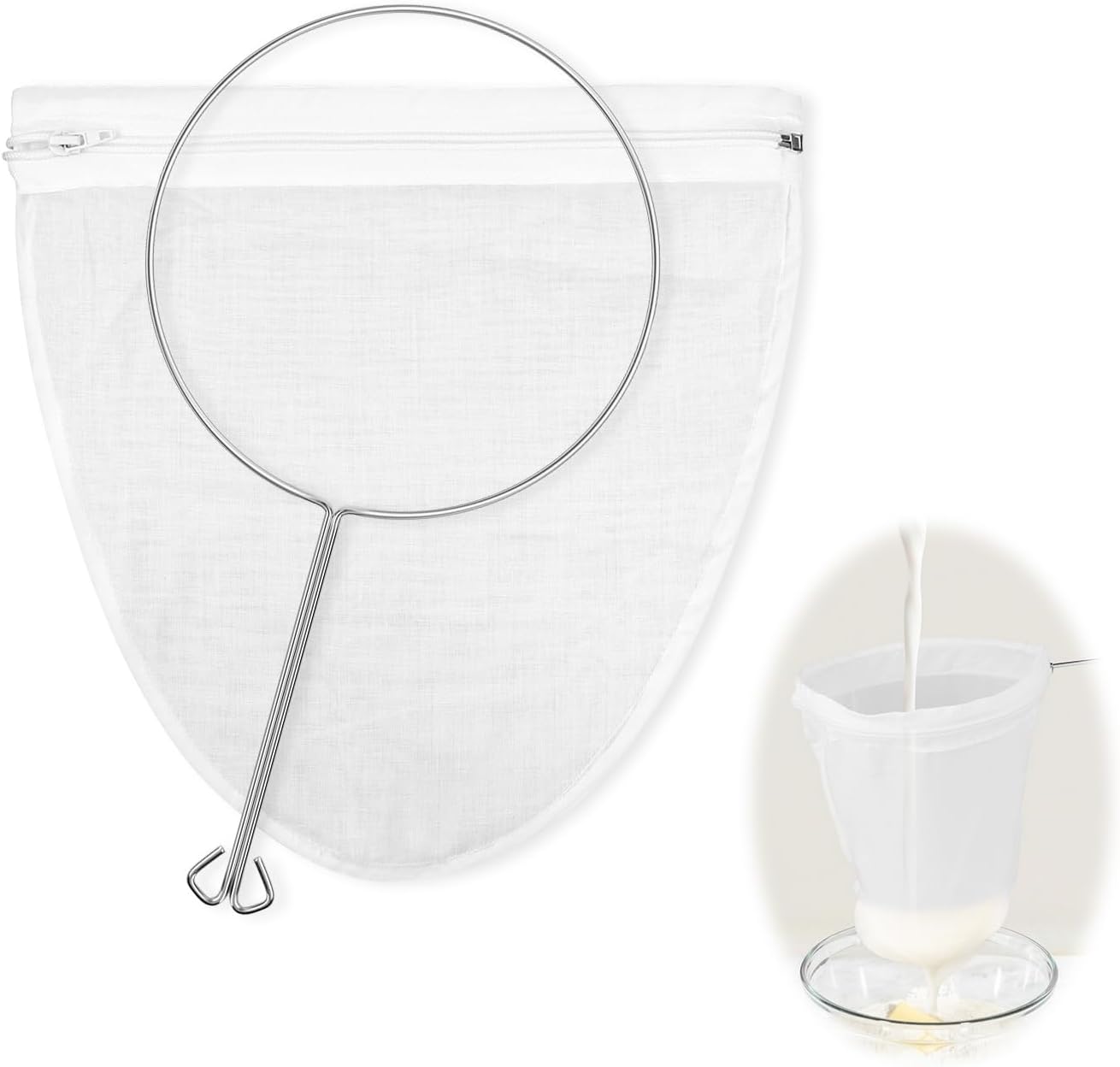 1 Pack Ultra Fine Mesh Strainer Bags, Reusable with Stainless Steel Handle, Filter for Nut Milk, Coffee, Juice, Cheese, Honey, and More (Large)