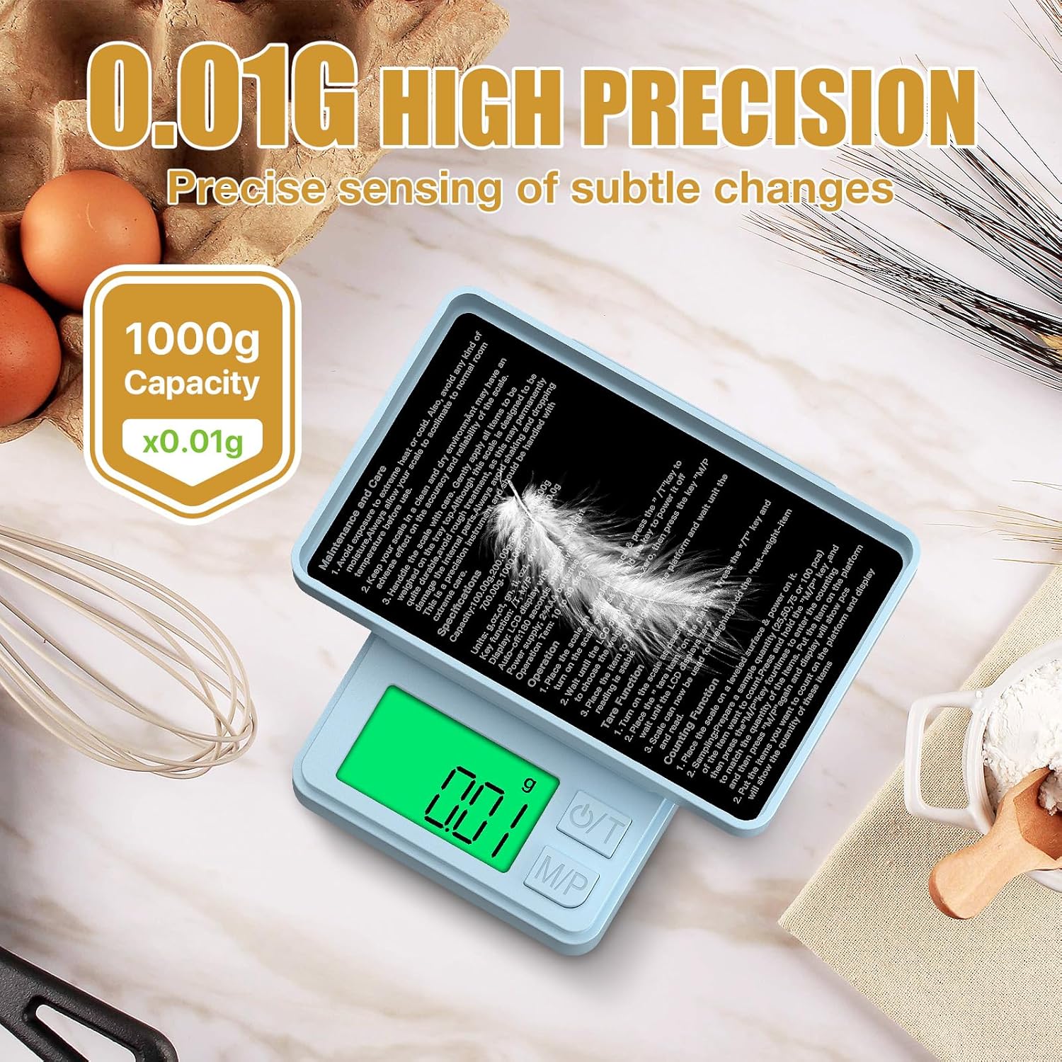 1000g/0.1g Pocket Gram Scale, High Precision Digital Kitchen Scale | LCD Display, 7 Units with Tare Function, Suit for Jewelry, Powder, Ounces, Blue
