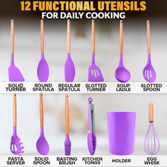 12 Pcs Purple Kitchen Accessories Set with Holder, Silicone Heads | Purple Kitchen Utensils Set for Cooking and Baking; Wooden Handles; Heat-Resistant up to 446°F; Non-Scratch for Nonstick Pans