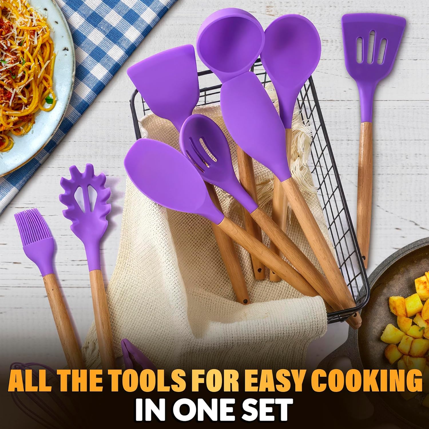 12 Pcs Purple Kitchen Accessories Set with Holder, Silicone Heads | Purple Kitchen Utensils Set for Cooking and Baking; Wooden Handles; Heat-Resistant up to 446°F; Non-Scratch for Nonstick Pans