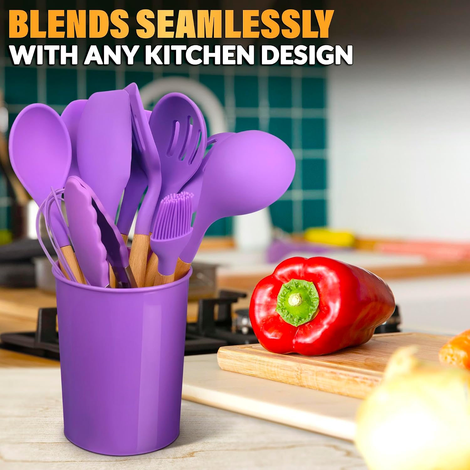 12 Pcs Purple Kitchen Accessories Set with Holder, Silicone Heads | Purple Kitchen Utensils Set for Cooking and Baking; Wooden Handles; Heat-Resistant up to 446°F; Non-Scratch for Nonstick Pans