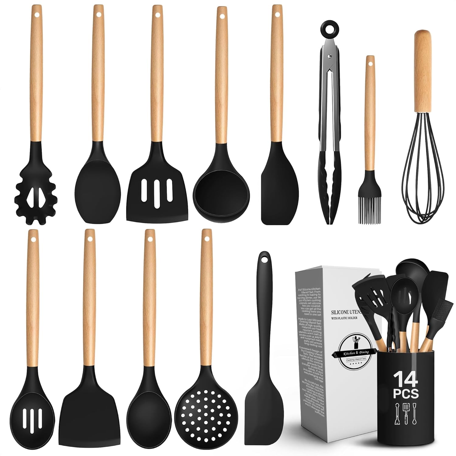 12 Pcs Purple Kitchen Accessories Set with Holder, Silicone Heads | Purple Kitchen Utensils Set for Cooking and Baking; Wooden Handles; Heat-Resistant up to 446°F; Non-Scratch for Nonstick Pans