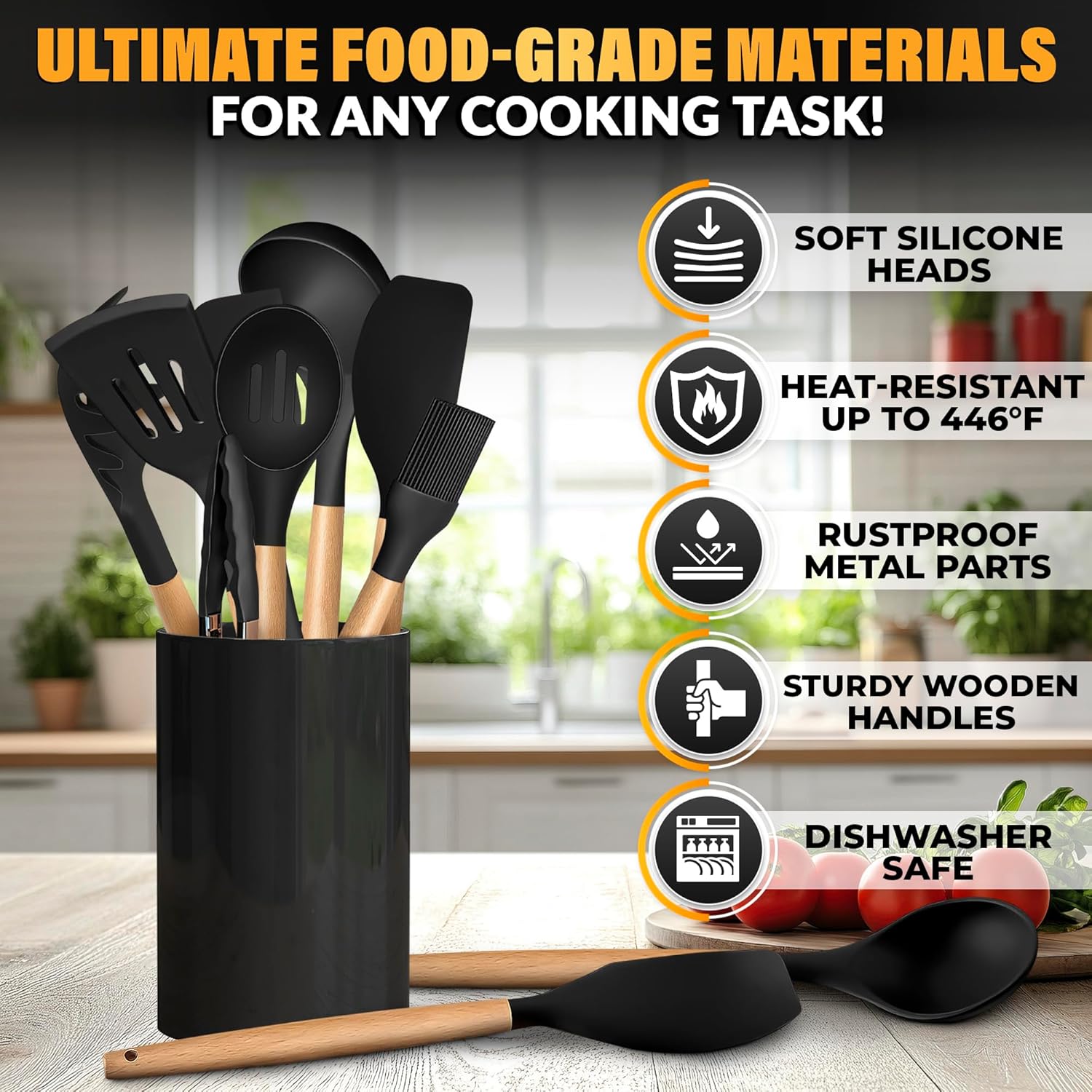 12 Pcs Purple Kitchen Accessories Set with Holder, Silicone Heads | Purple Kitchen Utensils Set for Cooking and Baking; Wooden Handles; Heat-Resistant up to 446°F; Non-Scratch for Nonstick Pans