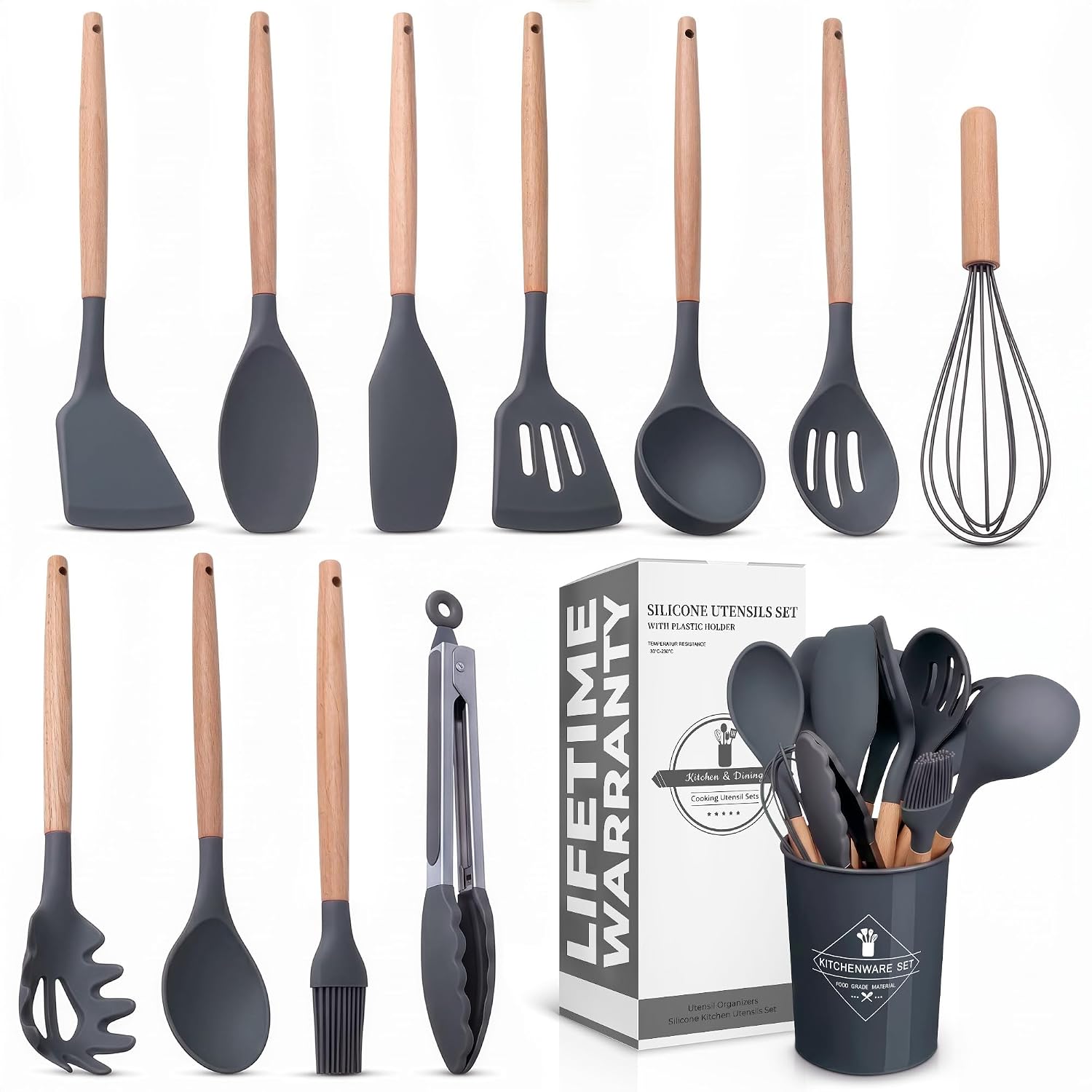 12 Pcs Purple Kitchen Accessories Set with Holder, Silicone Heads | Purple Kitchen Utensils Set for Cooking and Baking; Wooden Handles; Heat-Resistant up to 446°F; Non-Scratch for Nonstick Pans