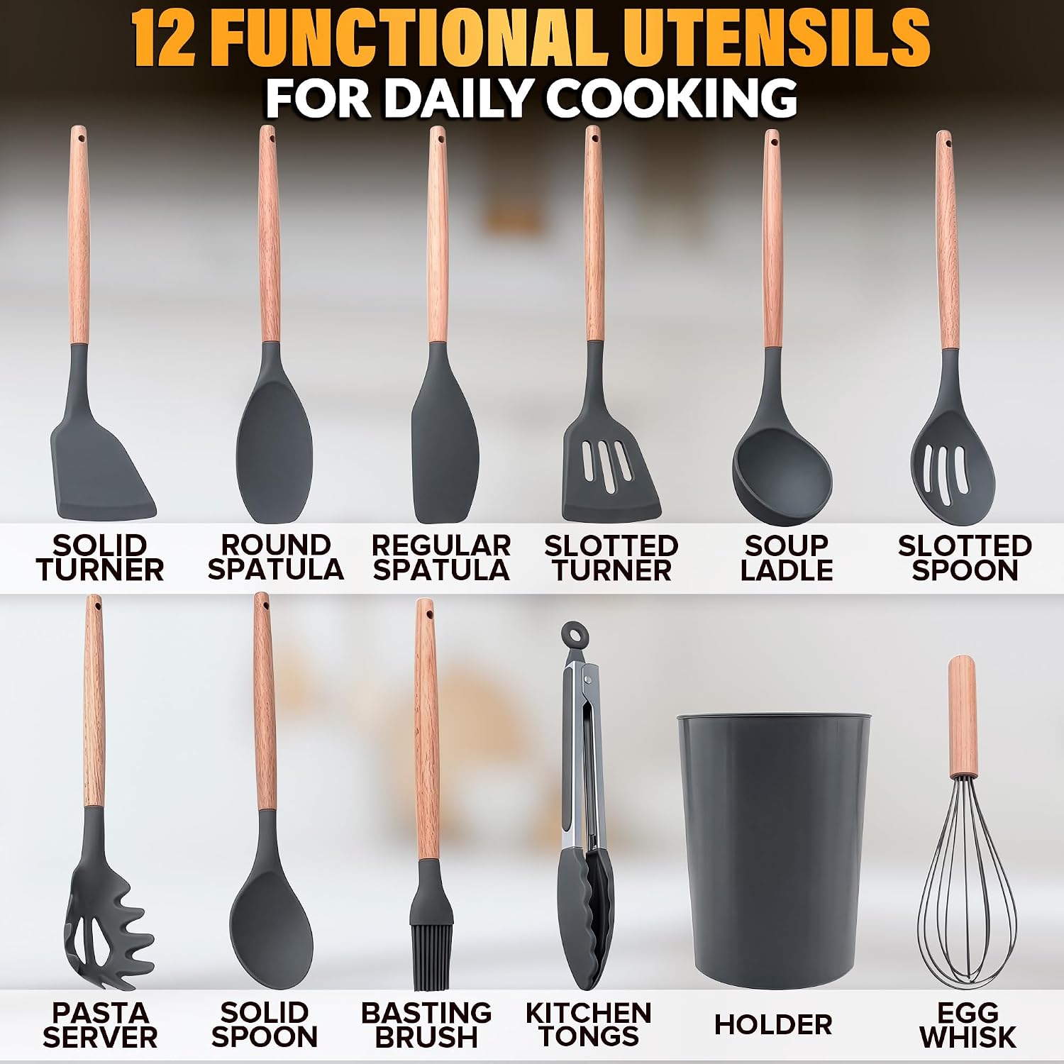 12 Pcs Purple Kitchen Accessories Set with Holder, Silicone Heads | Purple Kitchen Utensils Set for Cooking and Baking; Wooden Handles; Heat-Resistant up to 446°F; Non-Scratch for Nonstick Pans
