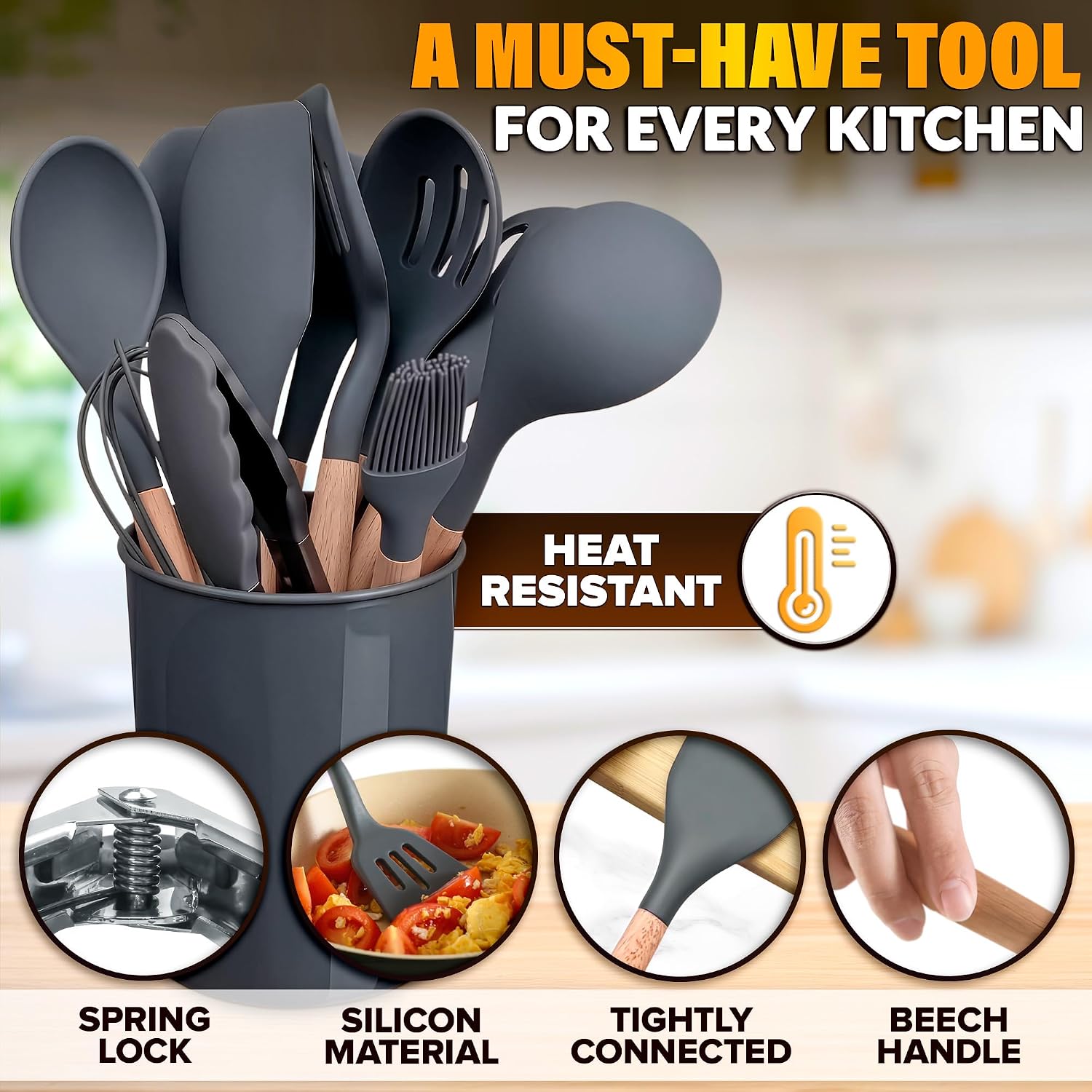 12 Pcs Purple Kitchen Accessories Set with Holder, Silicone Heads | Purple Kitchen Utensils Set for Cooking and Baking; Wooden Handles; Heat-Resistant up to 446°F; Non-Scratch for Nonstick Pans