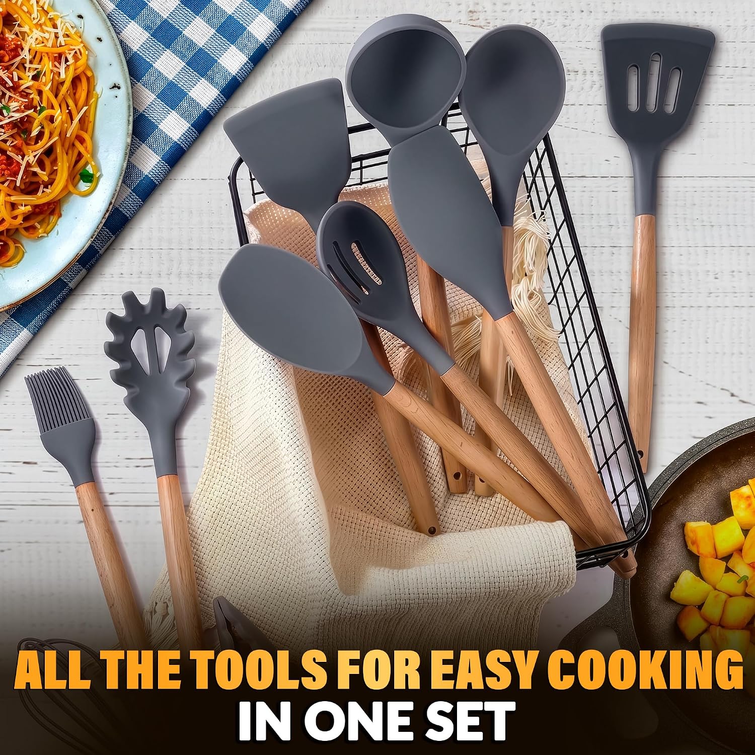12 Pcs Purple Kitchen Accessories Set with Holder, Silicone Heads | Purple Kitchen Utensils Set for Cooking and Baking; Wooden Handles; Heat-Resistant up to 446°F; Non-Scratch for Nonstick Pans