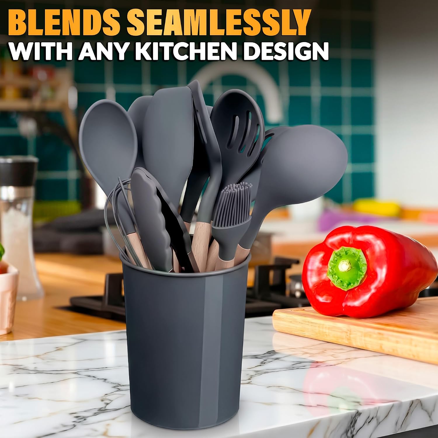 12 Pcs Purple Kitchen Accessories Set with Holder, Silicone Heads | Purple Kitchen Utensils Set for Cooking and Baking; Wooden Handles; Heat-Resistant up to 446°F; Non-Scratch for Nonstick Pans