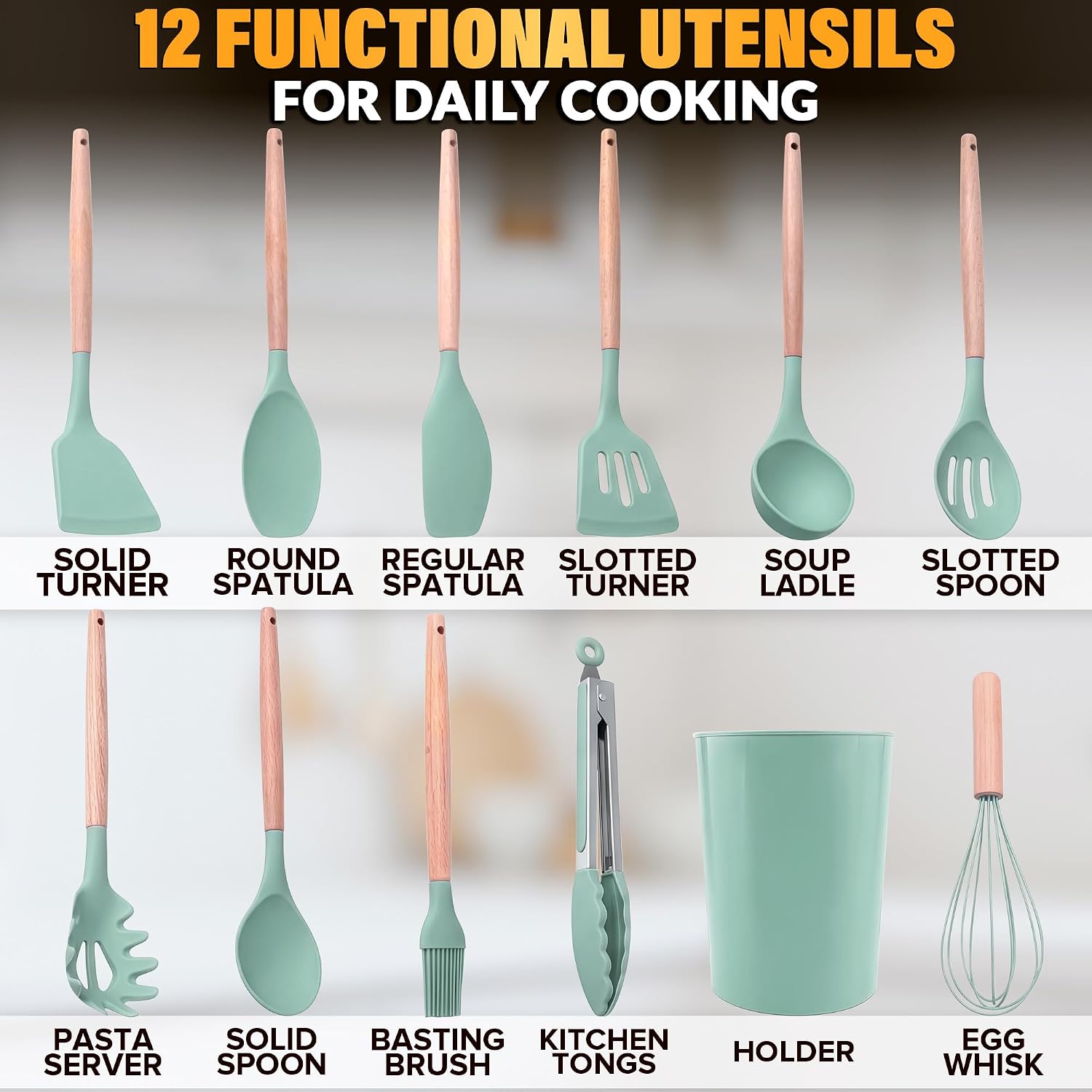 12 Pcs Purple Kitchen Accessories Set with Holder, Silicone Heads | Purple Kitchen Utensils Set for Cooking and Baking; Wooden Handles; Heat-Resistant up to 446°F; Non-Scratch for Nonstick Pans