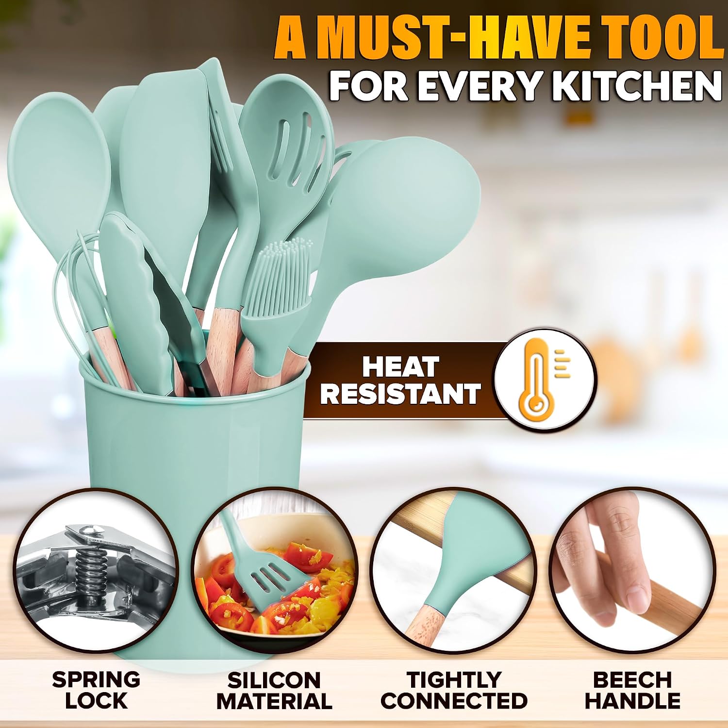 12 Pcs Purple Kitchen Accessories Set with Holder, Silicone Heads | Purple Kitchen Utensils Set for Cooking and Baking; Wooden Handles; Heat-Resistant up to 446°F; Non-Scratch for Nonstick Pans
