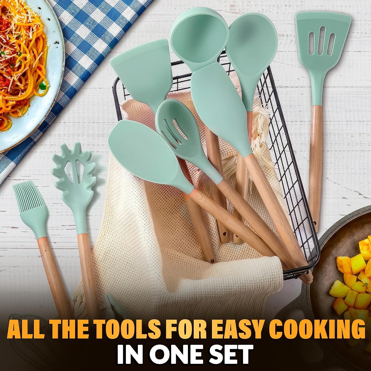 12 Pcs Purple Kitchen Accessories Set with Holder, Silicone Heads | Purple Kitchen Utensils Set for Cooking and Baking; Wooden Handles; Heat-Resistant up to 446°F; Non-Scratch for Nonstick Pans