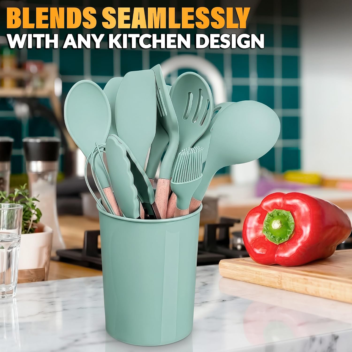 12 Pcs Purple Kitchen Accessories Set with Holder, Silicone Heads | Purple Kitchen Utensils Set for Cooking and Baking; Wooden Handles; Heat-Resistant up to 446°F; Non-Scratch for Nonstick Pans