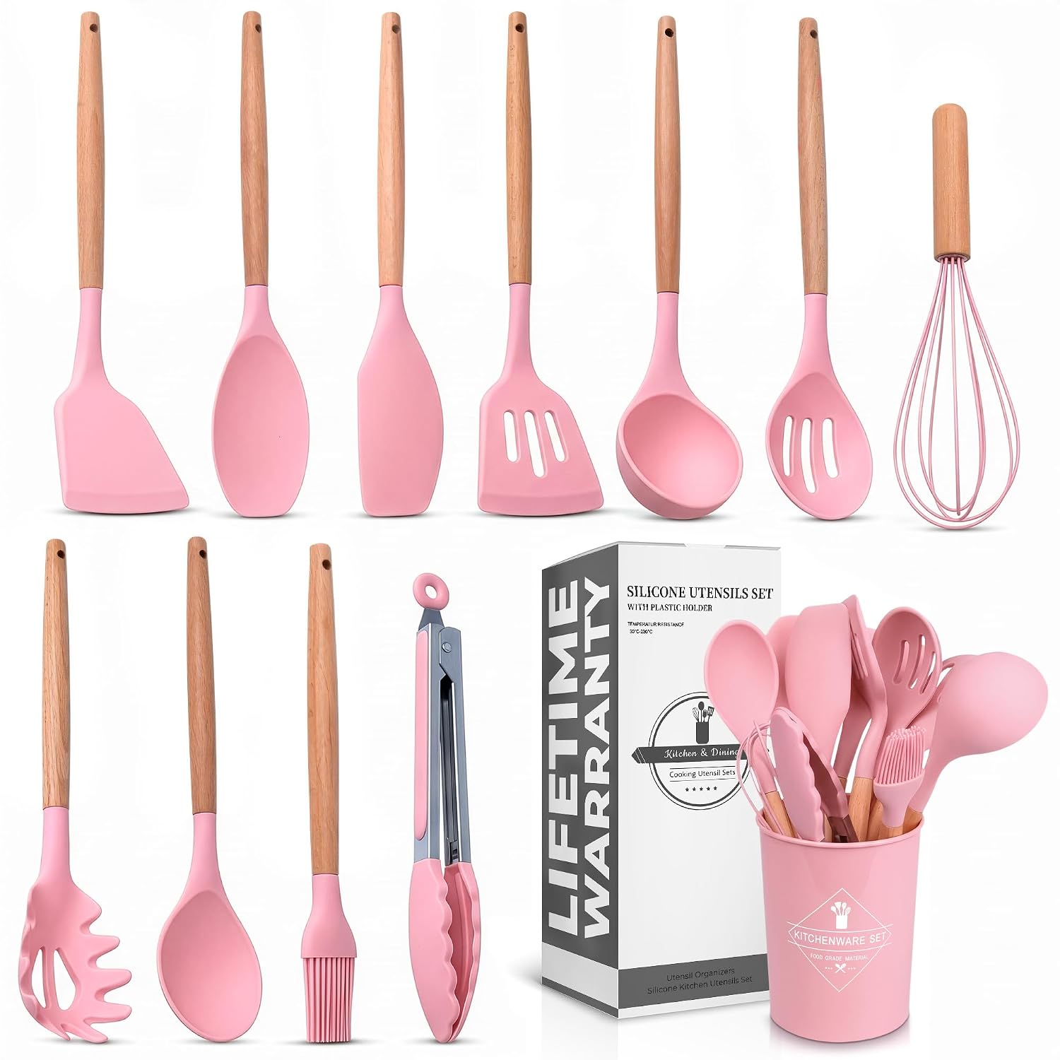 12 Pcs Purple Kitchen Accessories Set with Holder, Silicone Heads | Purple Kitchen Utensils Set for Cooking and Baking; Wooden Handles; Heat-Resistant up to 446°F; Non-Scratch for Nonstick Pans