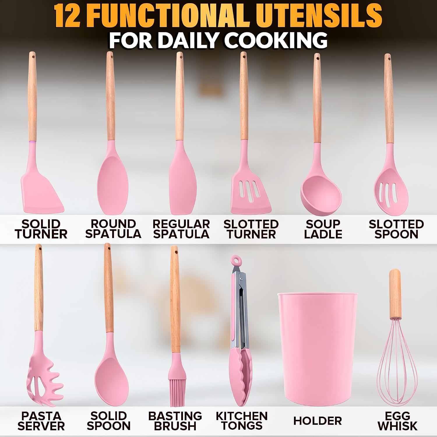 12 Pcs Purple Kitchen Accessories Set with Holder, Silicone Heads | Purple Kitchen Utensils Set for Cooking and Baking; Wooden Handles; Heat-Resistant up to 446°F; Non-Scratch for Nonstick Pans