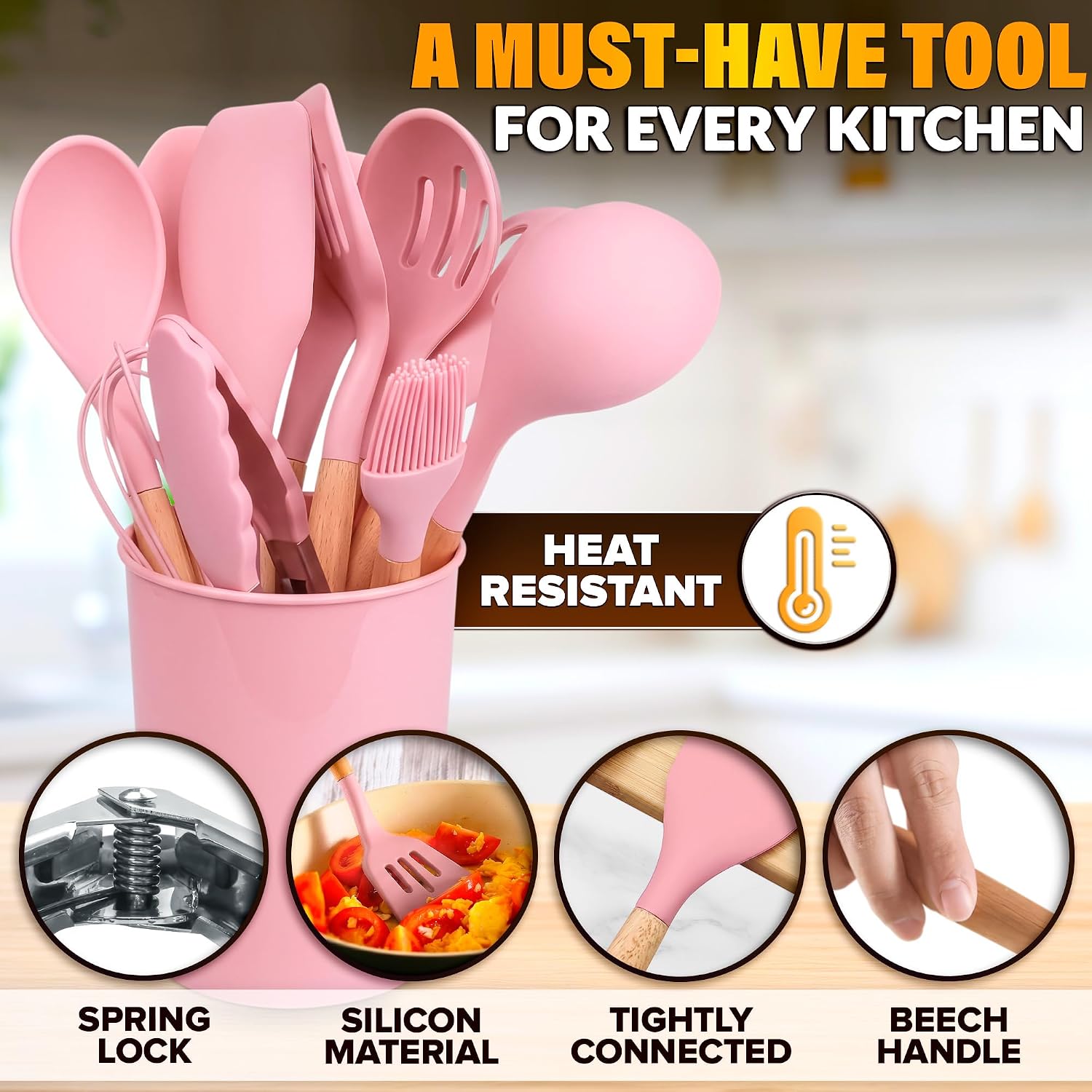 12 Pcs Purple Kitchen Accessories Set with Holder, Silicone Heads | Purple Kitchen Utensils Set for Cooking and Baking; Wooden Handles; Heat-Resistant up to 446°F; Non-Scratch for Nonstick Pans