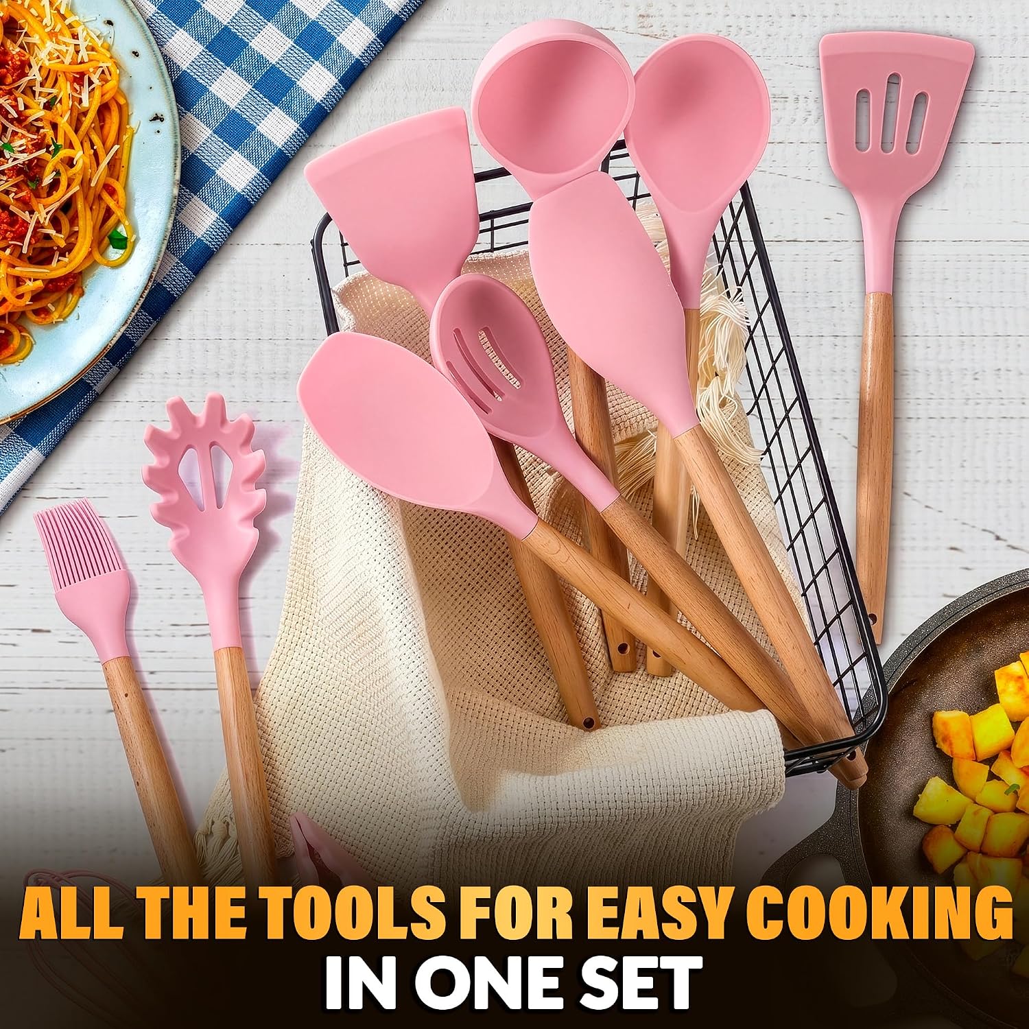 12 Pcs Purple Kitchen Accessories Set with Holder, Silicone Heads | Purple Kitchen Utensils Set for Cooking and Baking; Wooden Handles; Heat-Resistant up to 446°F; Non-Scratch for Nonstick Pans