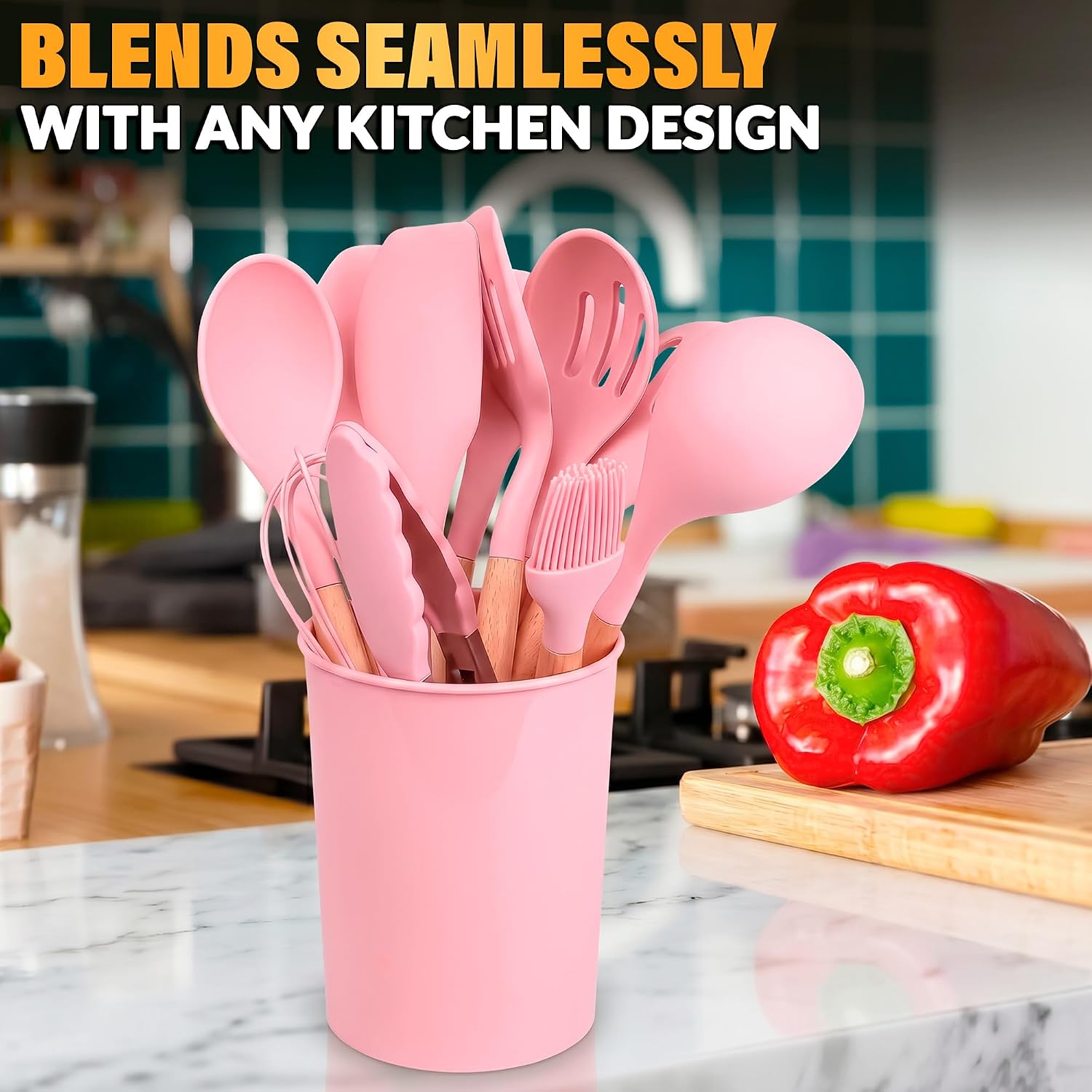 12 Pcs Purple Kitchen Accessories Set with Holder, Silicone Heads | Purple Kitchen Utensils Set for Cooking and Baking; Wooden Handles; Heat-Resistant up to 446°F; Non-Scratch for Nonstick Pans