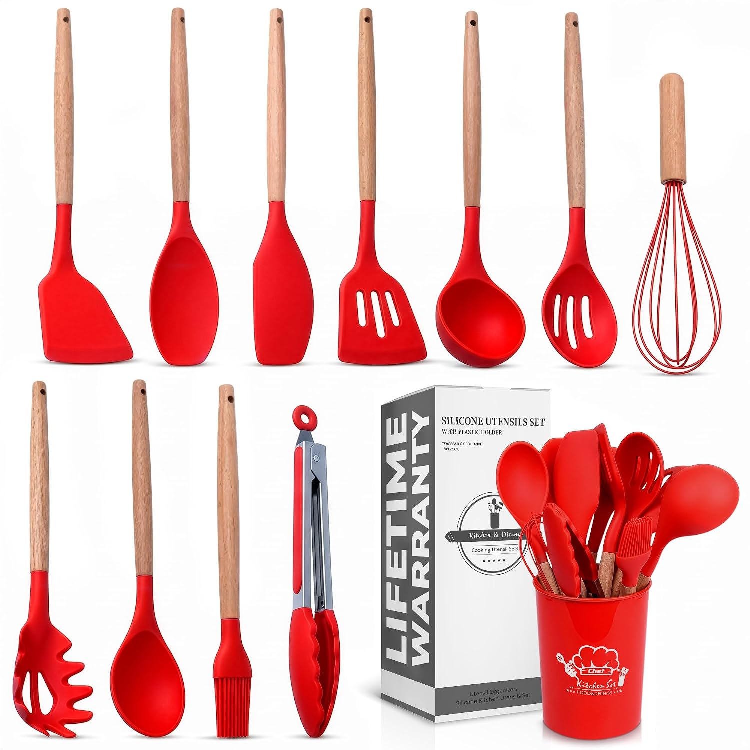 12 Pcs Purple Kitchen Accessories Set with Holder, Silicone Heads | Purple Kitchen Utensils Set for Cooking and Baking; Wooden Handles; Heat-Resistant up to 446°F; Non-Scratch for Nonstick Pans