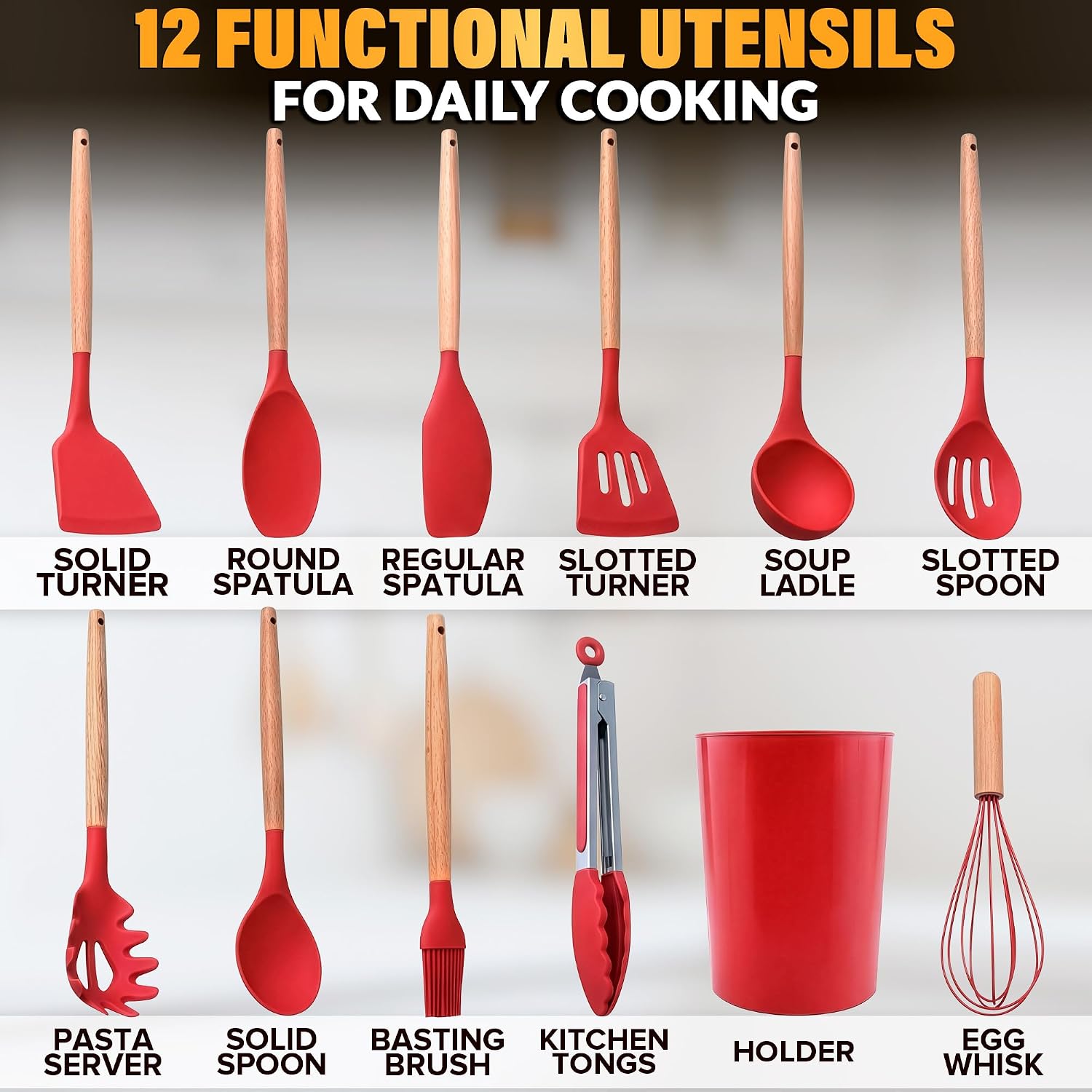 12 Pcs Purple Kitchen Accessories Set with Holder, Silicone Heads | Purple Kitchen Utensils Set for Cooking and Baking; Wooden Handles; Heat-Resistant up to 446°F; Non-Scratch for Nonstick Pans