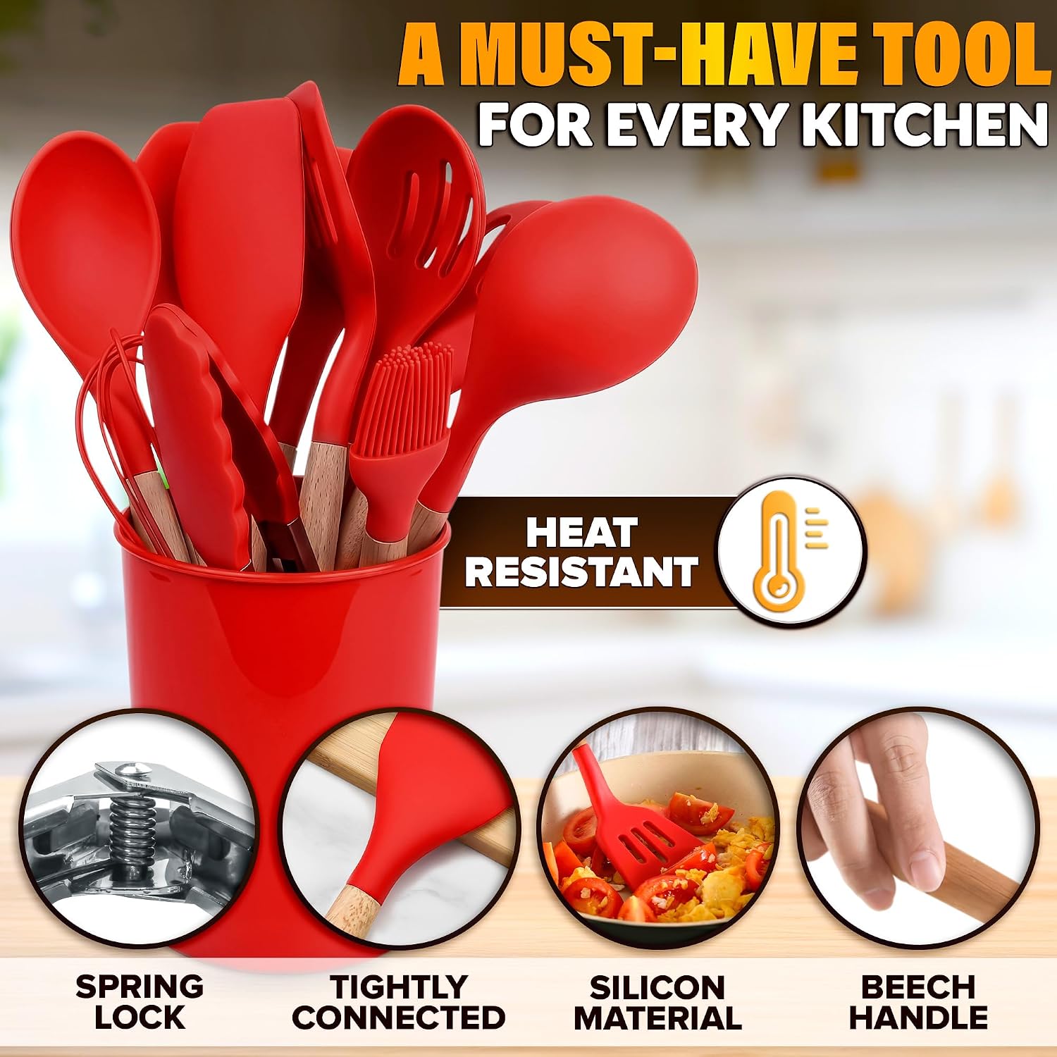 12 Pcs Purple Kitchen Accessories Set with Holder, Silicone Heads | Purple Kitchen Utensils Set for Cooking and Baking; Wooden Handles; Heat-Resistant up to 446°F; Non-Scratch for Nonstick Pans