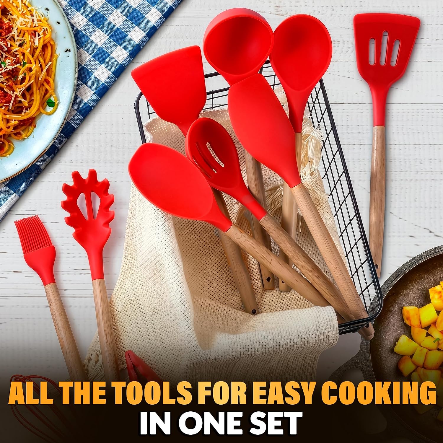 12 Pcs Purple Kitchen Accessories Set with Holder, Silicone Heads | Purple Kitchen Utensils Set for Cooking and Baking; Wooden Handles; Heat-Resistant up to 446°F; Non-Scratch for Nonstick Pans