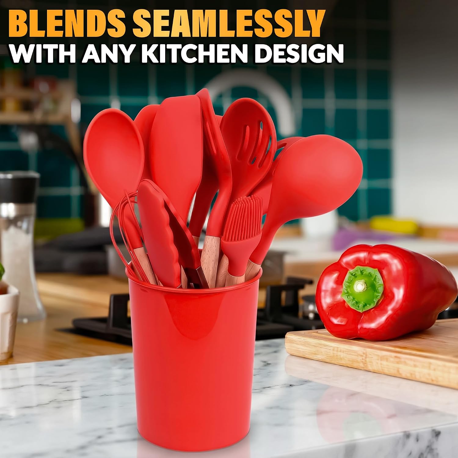 12 Pcs Purple Kitchen Accessories Set with Holder, Silicone Heads | Purple Kitchen Utensils Set for Cooking and Baking; Wooden Handles; Heat-Resistant up to 446°F; Non-Scratch for Nonstick Pans