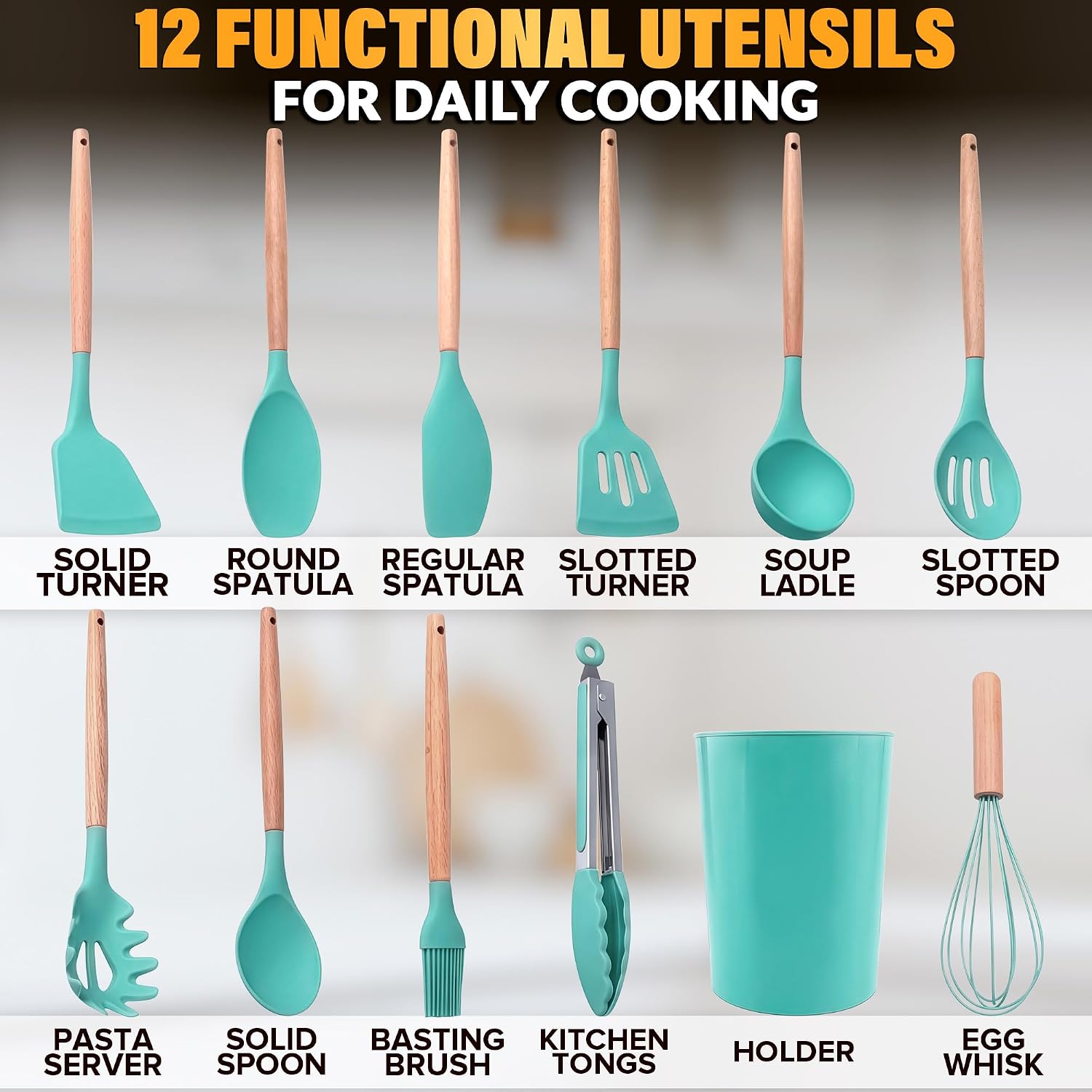 12 Pcs Purple Kitchen Accessories Set with Holder, Silicone Heads | Purple Kitchen Utensils Set for Cooking and Baking; Wooden Handles; Heat-Resistant up to 446°F; Non-Scratch for Nonstick Pans