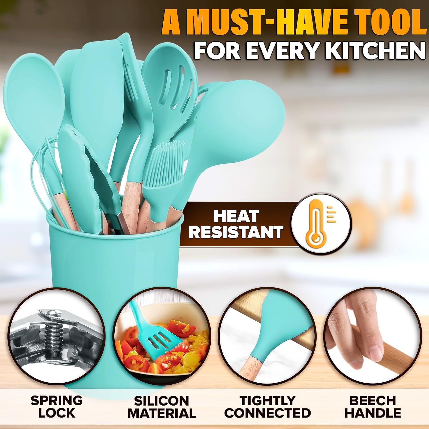 12 Pcs Purple Kitchen Accessories Set with Holder, Silicone Heads | Purple Kitchen Utensils Set for Cooking and Baking; Wooden Handles; Heat-Resistant up to 446°F; Non-Scratch for Nonstick Pans