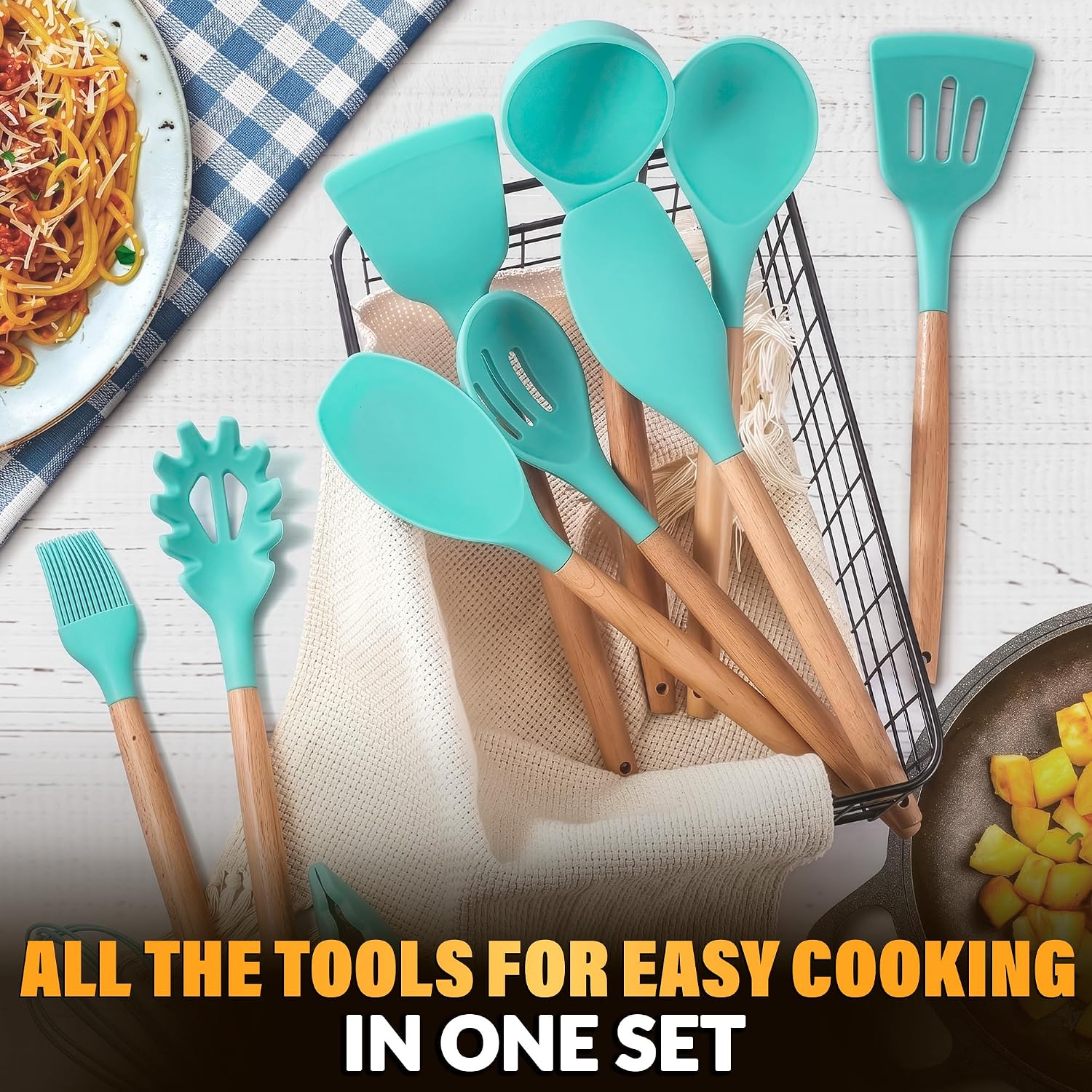 12 Pcs Purple Kitchen Accessories Set with Holder, Silicone Heads | Purple Kitchen Utensils Set for Cooking and Baking; Wooden Handles; Heat-Resistant up to 446°F; Non-Scratch for Nonstick Pans