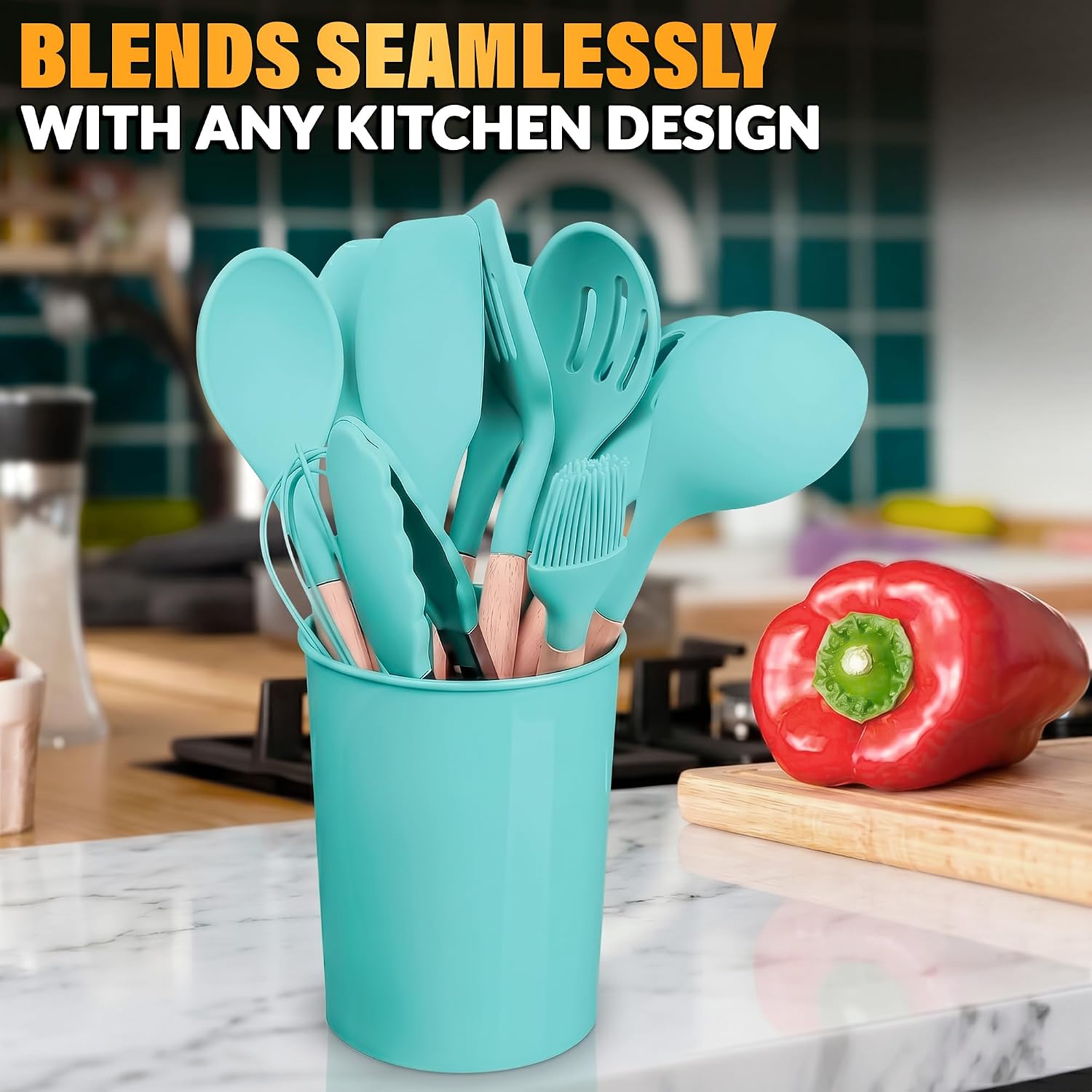 12 Pcs Purple Kitchen Accessories Set with Holder, Silicone Heads | Purple Kitchen Utensils Set for Cooking and Baking; Wooden Handles; Heat-Resistant up to 446°F; Non-Scratch for Nonstick Pans