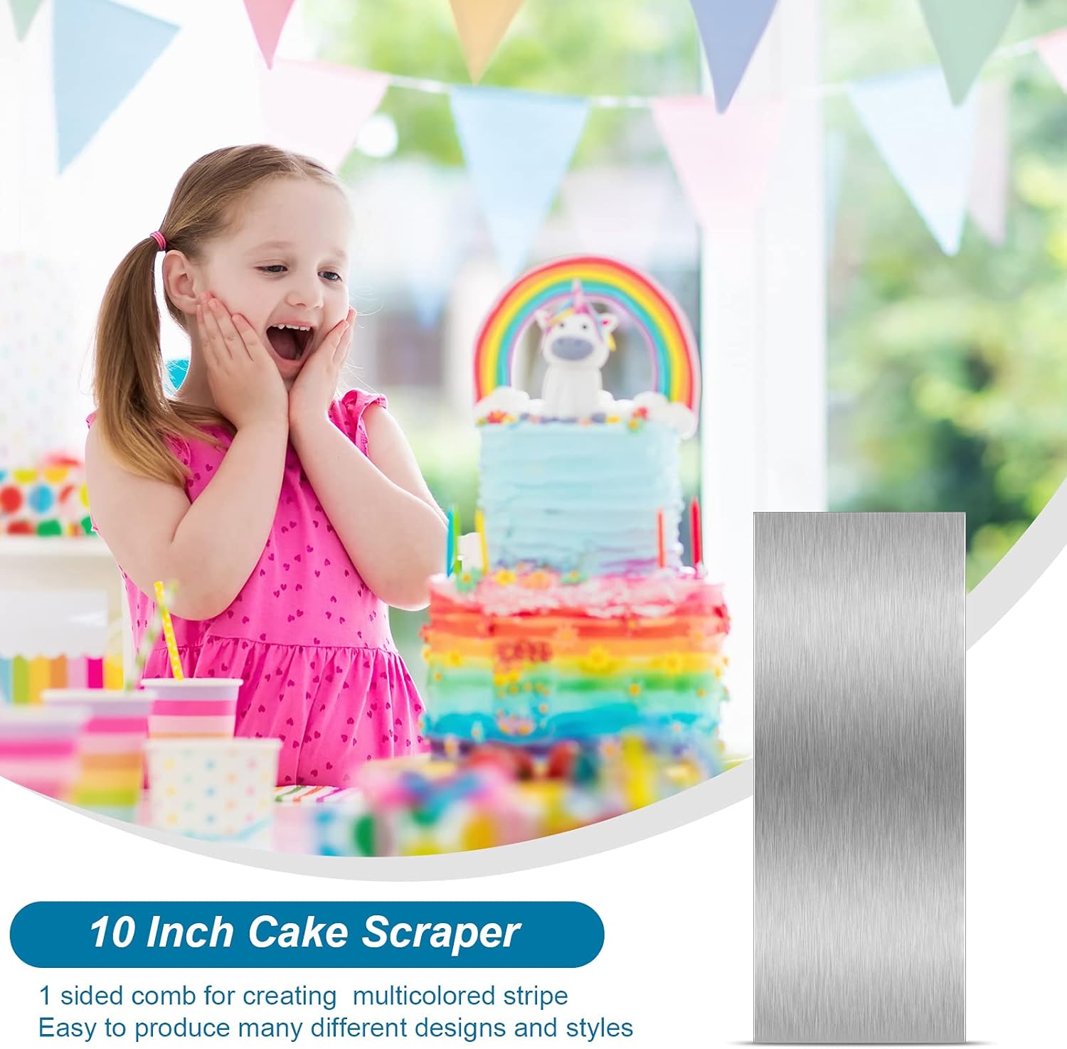10 Inch Stainless Steel Metal Cake Scraper Large Double Sided Patterned Stripe Edge Smoother Scraper Cake Decorating Comb Pastry Cutter for Home Kitchen Mousse Butter Cream Decor(1 Piece)