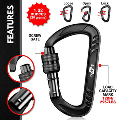 12kN Heavy Duty Carabiner Clips | 2697 lbs Capacity, For Pets, Outdoor, Camping, Hiking, Hammock, Dog Leash Harness, Keychains